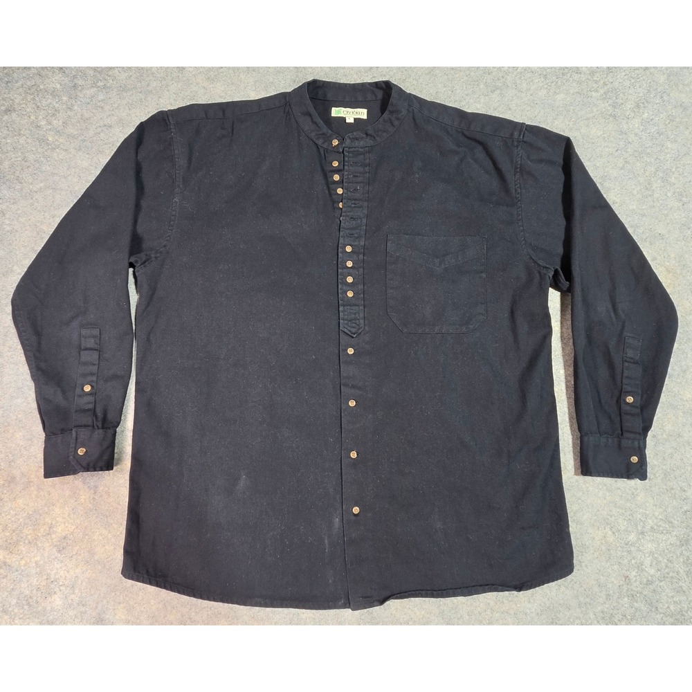 Civilian Grandfather Mens Large Black Band Collar Henley Button Down Shirt